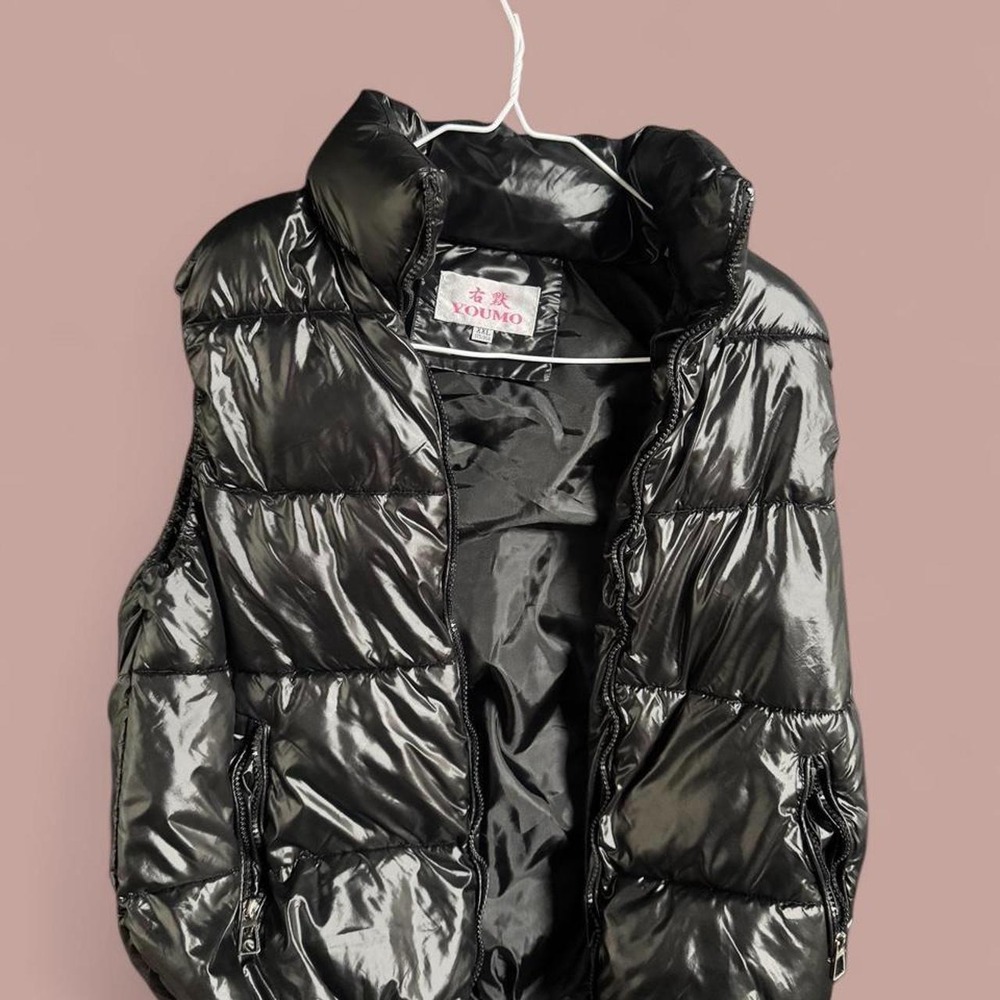 YOUMO Glossy Black Puffer Vest XXL Shiny Bubble Cyber Streetwear Y2K